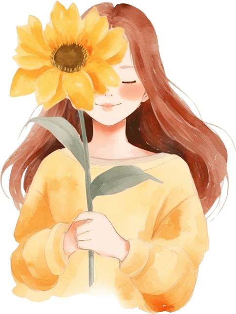 Cute girl holding a sunflower, watercolor illustration